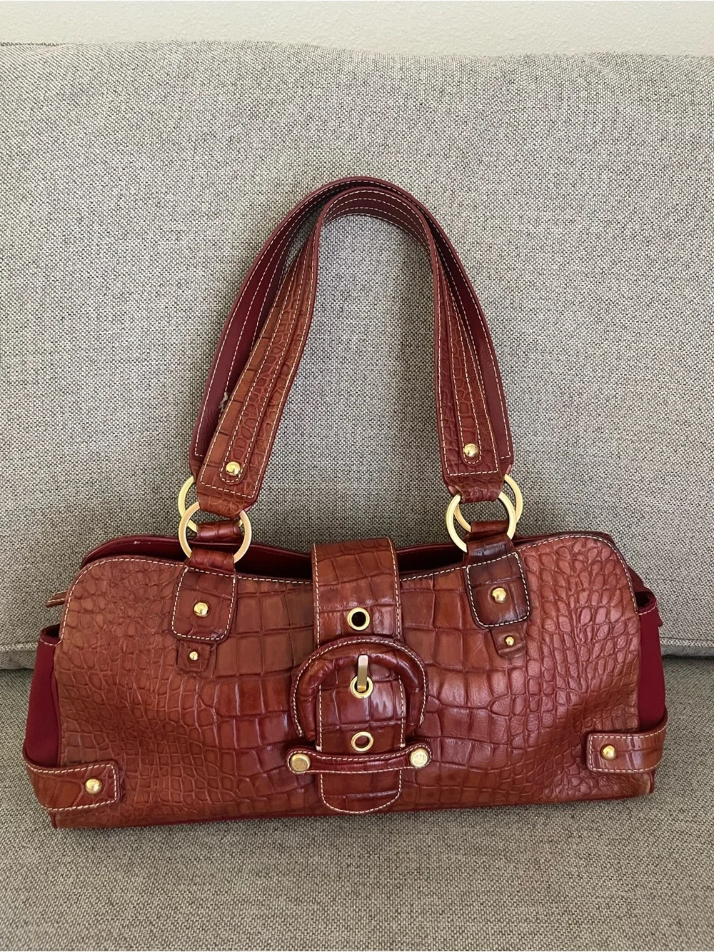 Brown Burgundy Y2K Croc-Embossed Shoulder Bag with Large Buckle - Women Bags